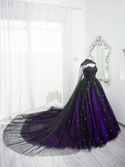 Black and Purple Beaded Tulle Ball Gown Sweet 16 Dress, Black and Purple Party Dress with Cap