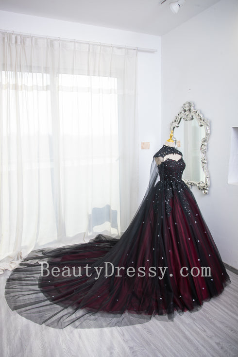 Gorgeous Black and Red Tulle Ball Gown Sweet 16 Dress with Cape, Long Prom Dress