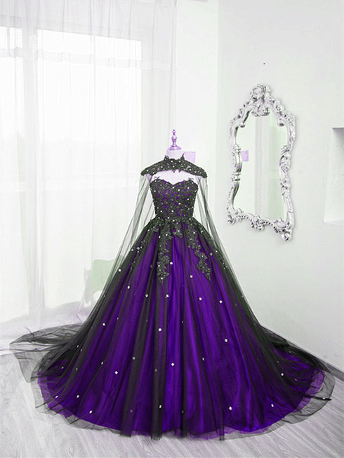 Black and Purple Beaded Tulle Ball Gown Sweet 16 Dress, Black and Purple Party Dress with Cap