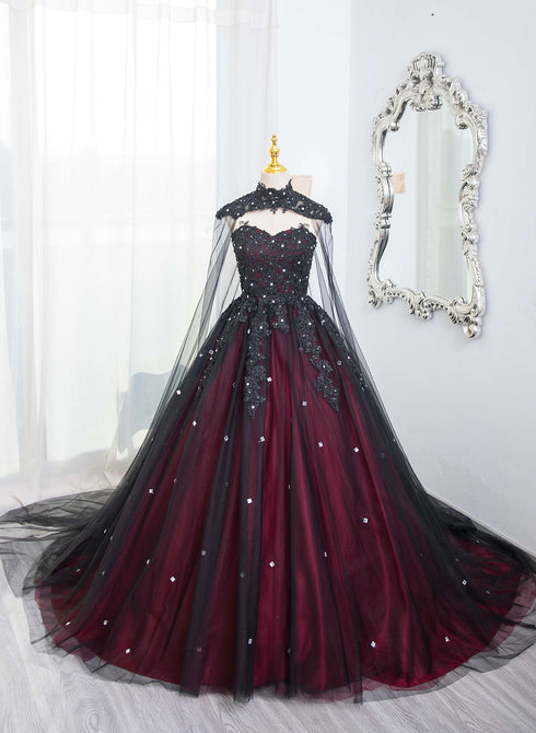 Gorgeous Black and Red Tulle Ball Gown Sweet 16 Dress with Cape, Long Prom Dress
