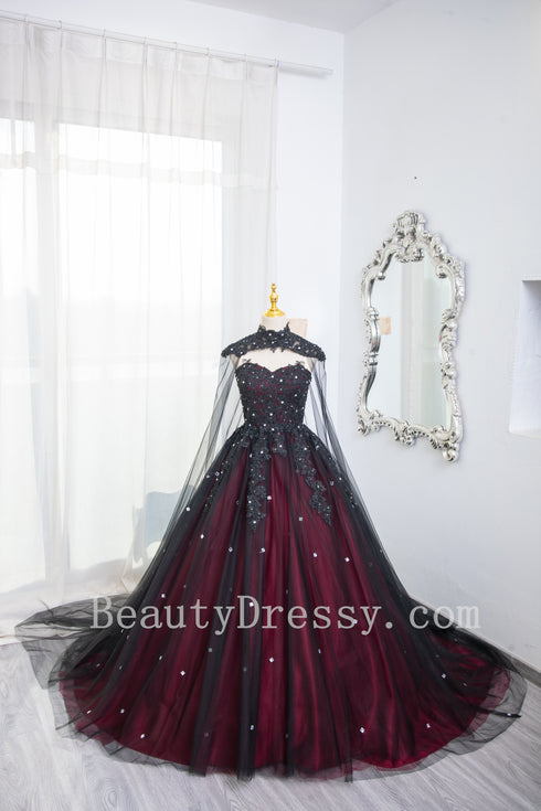 Gorgeous Black and Red Tulle Ball Gown Sweet 16 Dress with Cape, Long Prom Dress