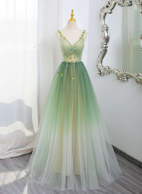 Green Gradient A-line V-neckline Party Dress, Green Tulle Prom Dress Formal Dress