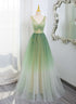 Green Gradient A-line V-neckline Party Dress, Green Tulle Prom Dress Formal Dress