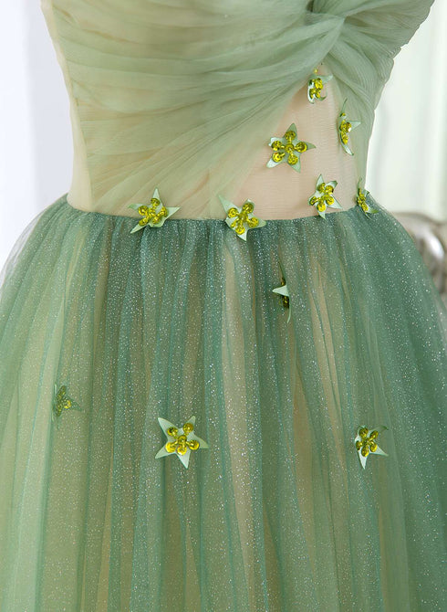 Green Gradient A-line V-neckline Party Dress, Green Tulle Prom Dress Formal Dress
