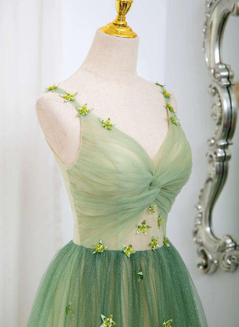 Green Gradient A-line V-neckline Party Dress, Green Tulle Prom Dress Formal Dress