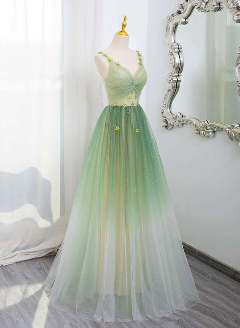 Green Gradient A-line V-neckline Party Dress, Green Tulle Prom Dress Formal Dress