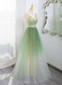 Green Gradient A-line V-neckline Party Dress, Green Tulle Prom Dress Formal Dress