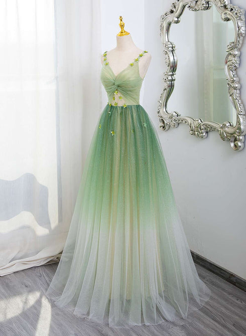 Green Gradient A-line V-neckline Party Dress, Green Tulle Prom Dress Formal Dress