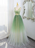 Green Gradient A-line V-neckline Party Dress, Green Tulle Prom Dress Formal Dress