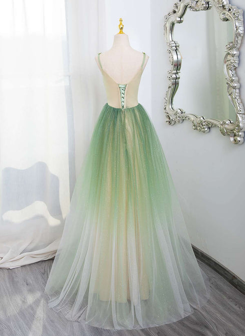 Green Gradient A-line V-neckline Party Dress, Green Tulle Prom Dress Formal Dress