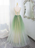 Green Gradient A-line V-neckline Party Dress, Green Tulle Prom Dress Formal Dress