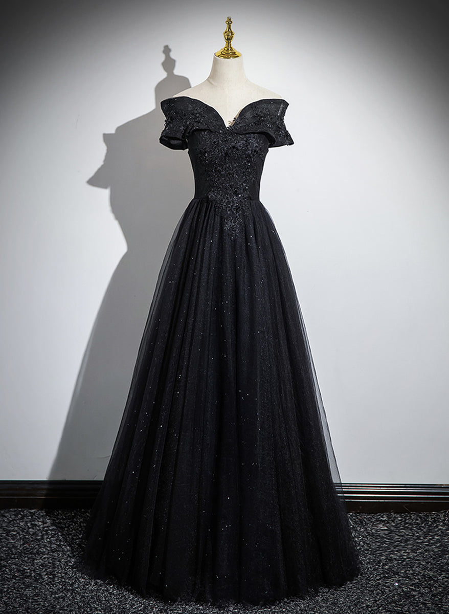 Black Off Shoulder Lace Tulle Long Prom Dress, Black Evening Dress      fg2629