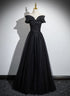 Black Off Shoulder A-line Tulle with Lace Party Dress, Black Long Prom Dress