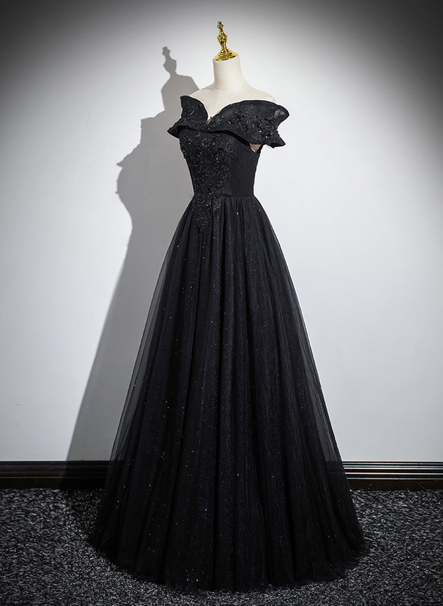 Black Off Shoulder A-line Tulle with Lace Party Dress, Black Long Prom BeautyDressy Black Off Shoulder A-line Tulle with Lace Party Dress, Black Long Prom BeautyDressy