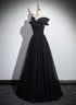 Black Off Shoulder A-line Tulle with Lace Party Dress, Black Long Prom Dress