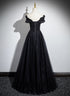 Black Off Shoulder A-line Tulle with Lace Party Dress, Black Long Prom Dress