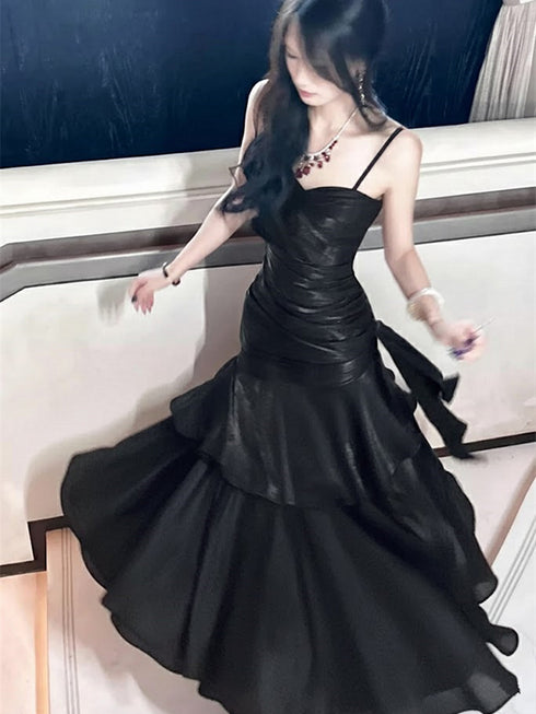 Black Satin Straps Mermaid Prom Dress Evening Dress, Black Long Formal Dress