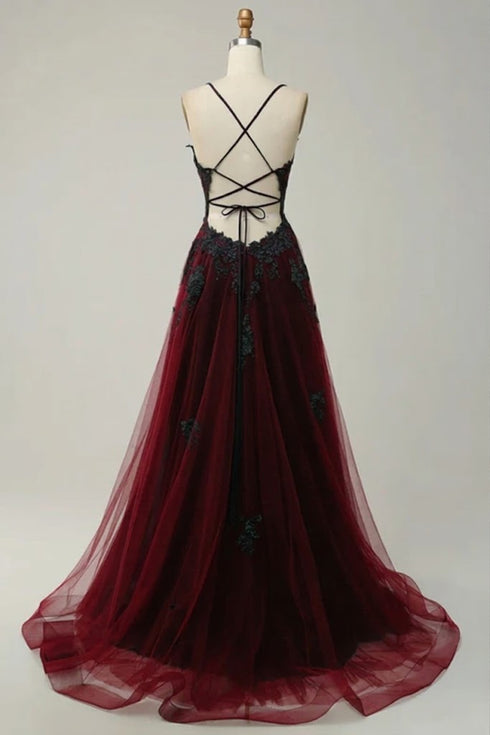 Black and Red Gothic V-neckline Tulle Prom Dress with Lace Applique, Straps Gothic Long Party Dress