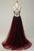 Black and Red Gothic V-neckline Tulle Prom Dress with Lace Applique, Straps Gothic Long Party Dress