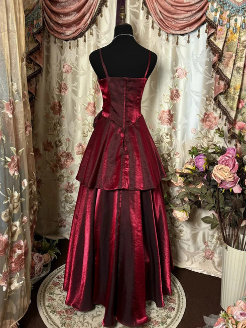 Wine Red Satin Sweetheart Straps Long Party Dress, Wine Red Satin Prom Dress