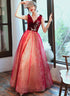 Red A-line Velvet Tulle with Lace Long Party Dress, Red V-neckline Prom Dress