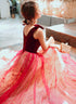 Red A-line Velvet Tulle with Lace Long Party Dress, Red V-neckline Prom Dress