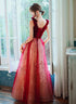 Red A-line Velvet Tulle with Lace Long Party Dress, Red V-neckline Prom Dress
