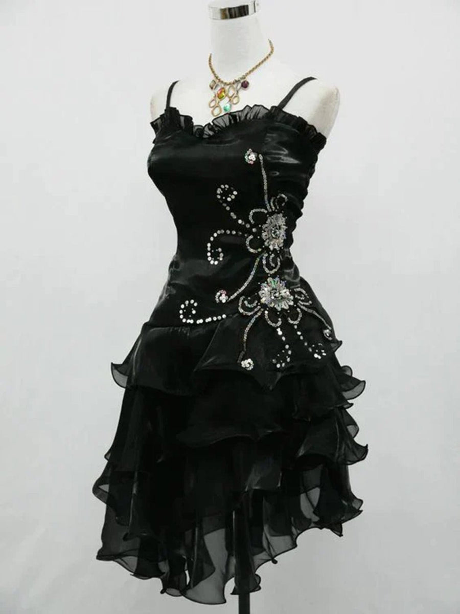 Black Organza Beaded Straps Short Party Dress, Black Organza High Low – BeautyDressy