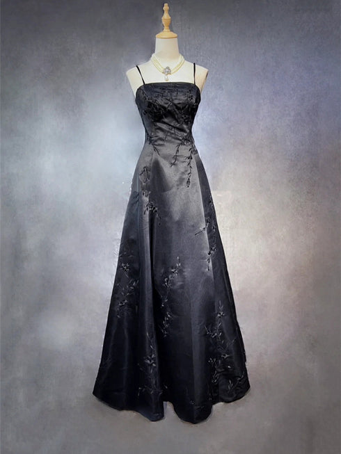 Black A-line Satin with Lace Applique Prom Dress, Black Straps Long Party Dress
