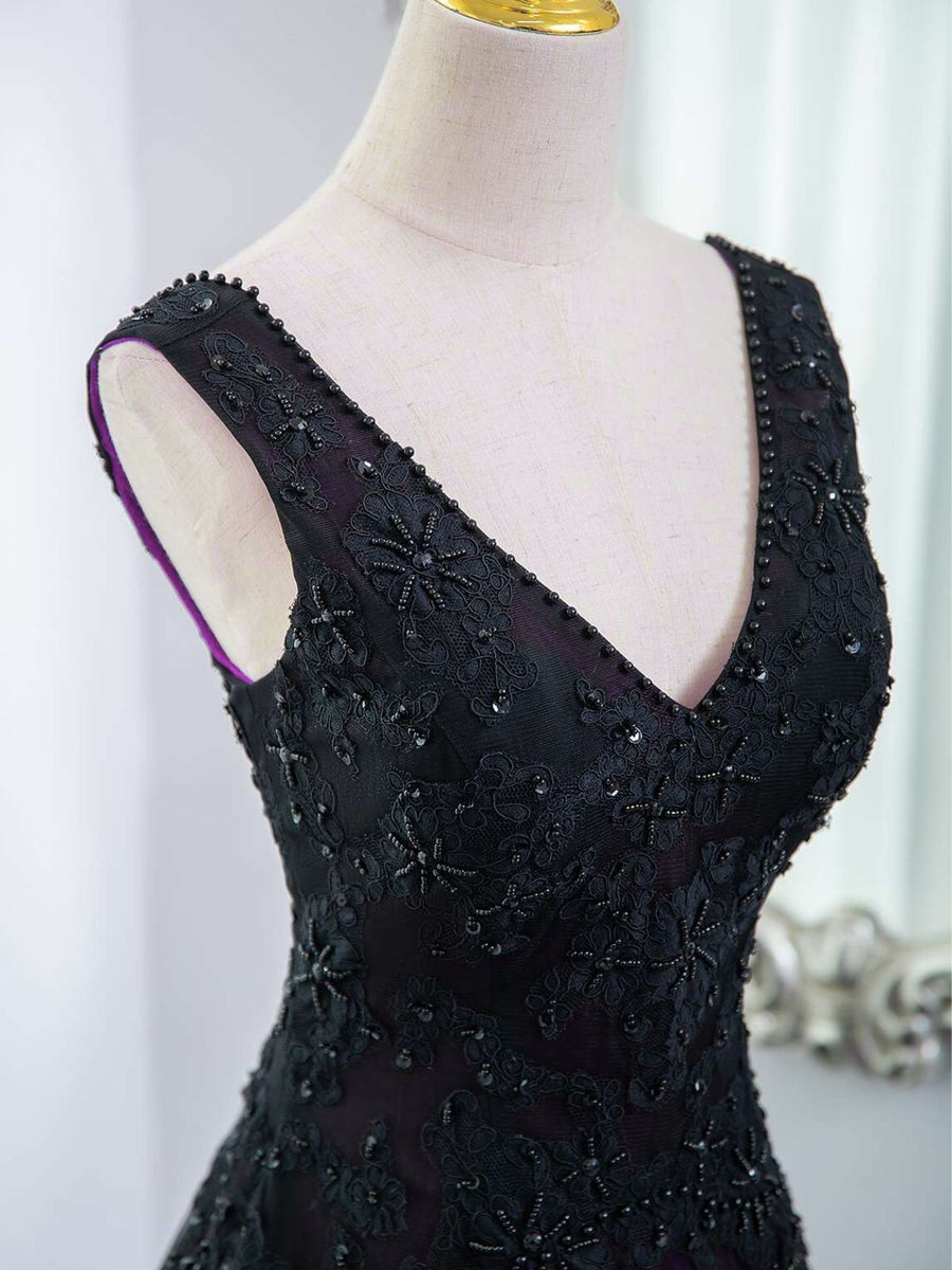 Black and Purple A-line Lace-up Tulle with Lace Prom Dress, V-neckline Tulle Party Dress US 8 / Black and Purple