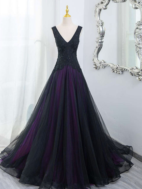 Black and Purple A-line Lace-up Tulle with Lace Prom Dress, V-neckline Tulle Party Dress