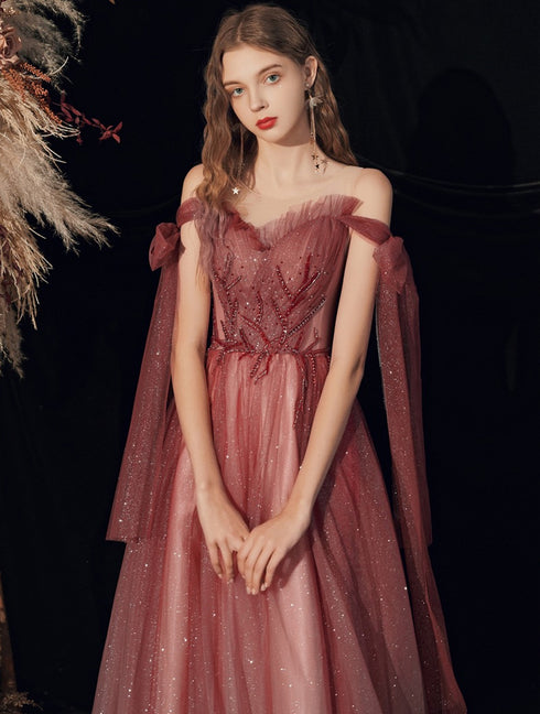 Fairy Shiny Tulle Handmade Wine Red Formal Dress, Wine Red Long Prom Dress