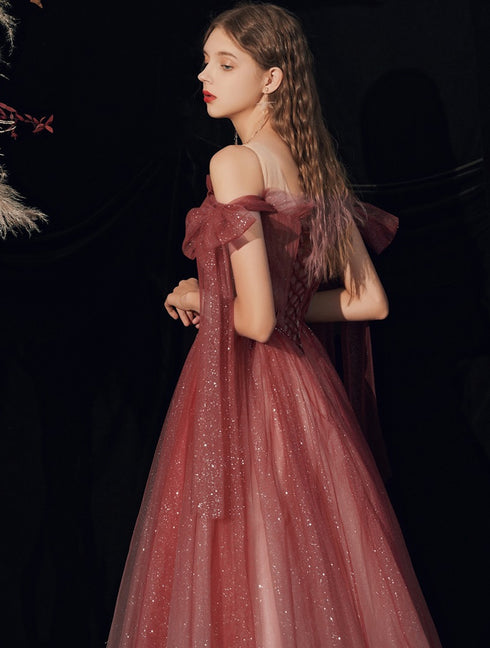 Fairy Shiny Tulle Handmade Wine Red Formal Dress, Wine Red Long Prom Dress