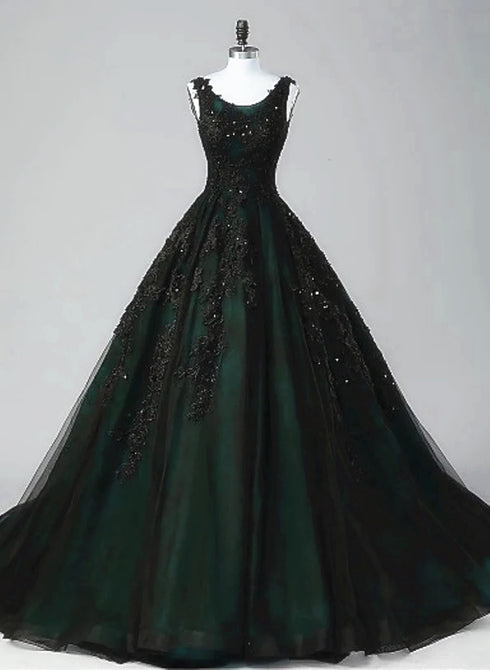 Glam Black and Green Tulle With Lace Long Party Dress, A-Line Low Back Evening Dress