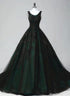 Glam Black and Green Tulle With Lace Long Party Dress, A-Line Low Back Evening Dress