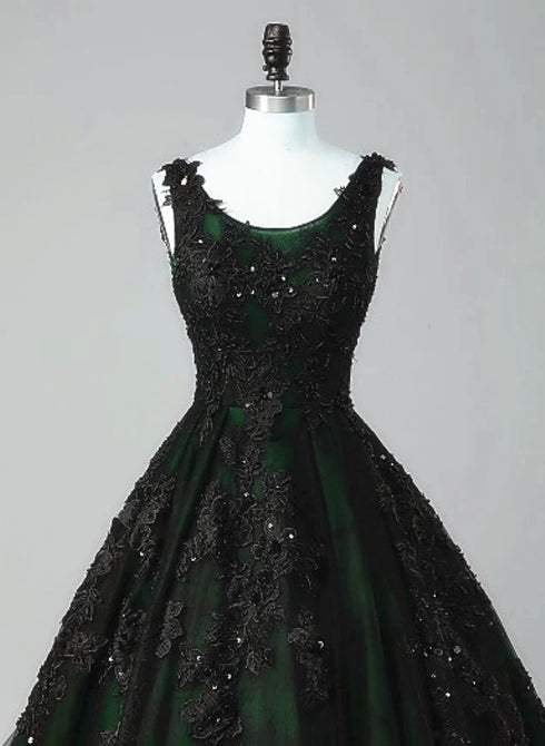Glam Black and Green Tulle With Lace Long Party Dress, A-Line Low Back Evening Dress