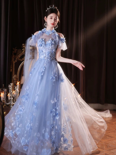 Light Blue Flowers Tulle Party Dress, Halter Blue Tulle Prom Dress Party Dress
