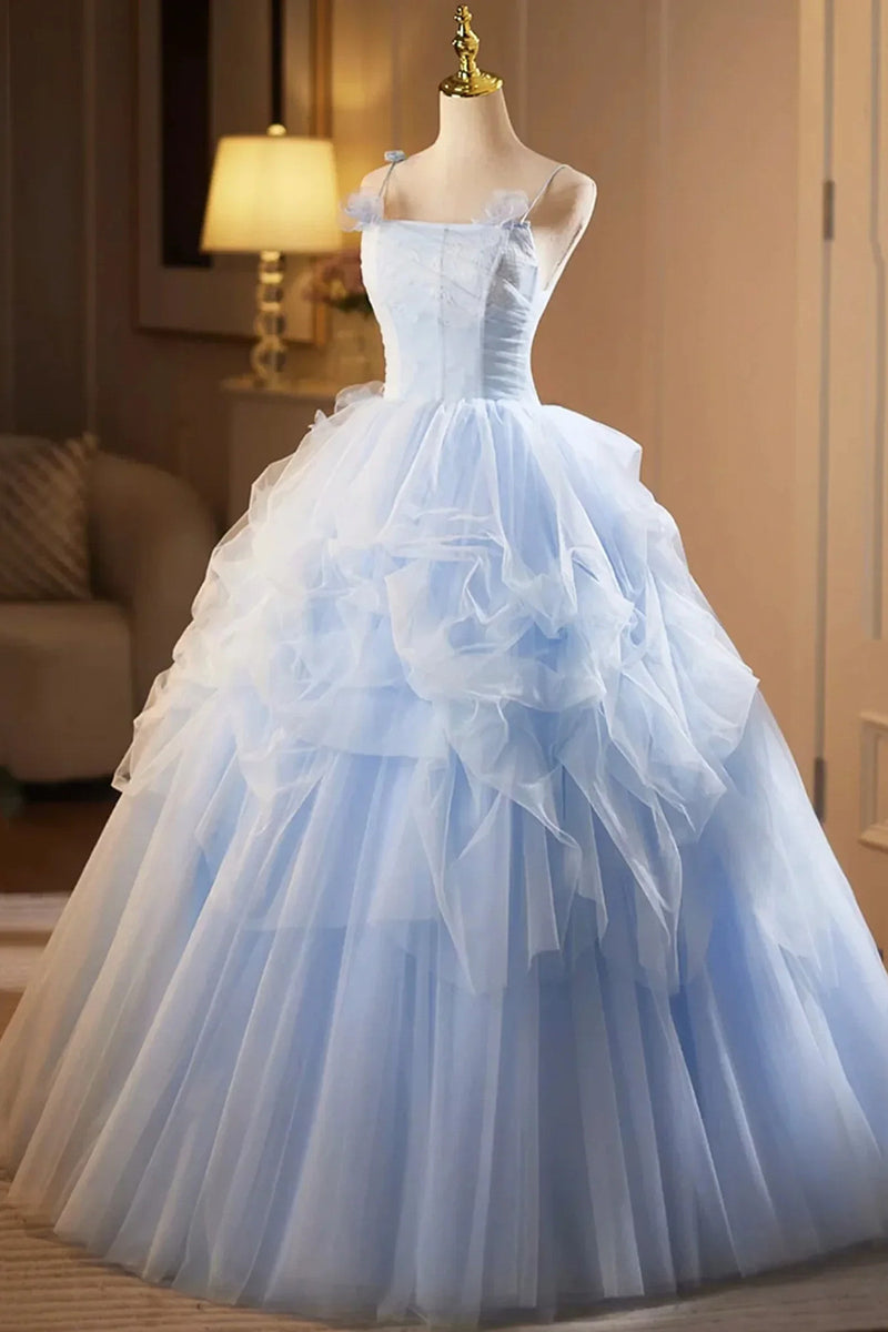 Light Blue Spaghetti Straps Layers Tulle Party Dress, Light Blue Tulle