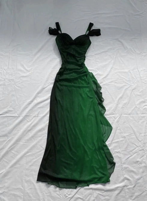 Green Chiffon Long Party Dress Prom Dress, Off Shoulder Green Party Dress