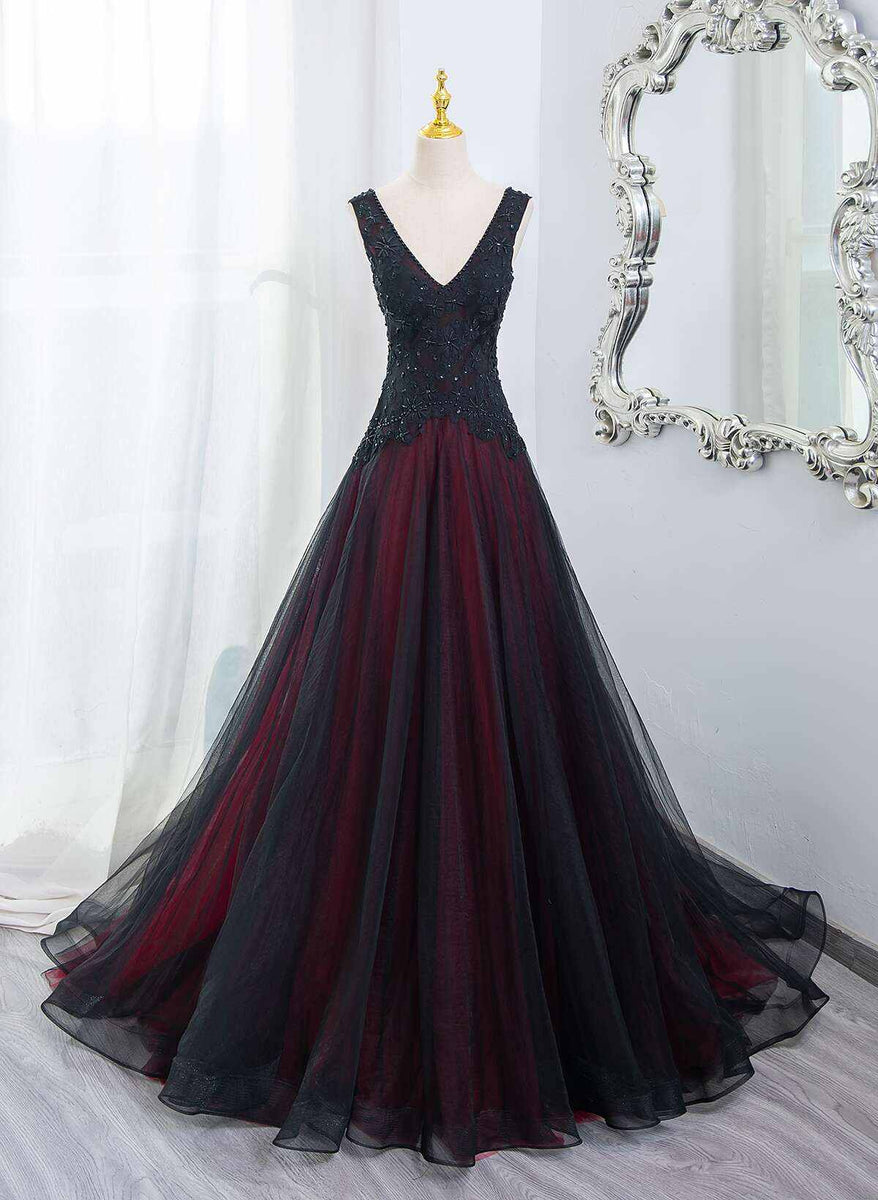 Black And Red V-Neckline Beaded Long Formal Dress, Black And Red Tulle