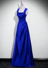 Blue Chic Satin Straps A-line Floor Length Party Dress, Blue Satin Prom Dress