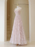 Light Pink Round Neckline Lace Long Prom Dress, A-line Pink Floor Length Party Dress