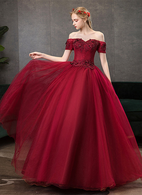Wine Red Ball Gown Sweetheart Off Shoulder Party Dress, Wine Red Sweet 16 Dress