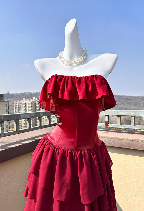 Wine Red Chiffon Layers Strapless Floor Length Party Dress, Wine Red Long Prom Dress