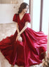 Wine Red Satin V-neckline Tea Length Party Dress, Wine Red Homecoming Dress