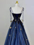 Blue A-line Velvet and Tulle Long Party Dress withEmbroidered Gold Star, Blue Long Formal Dress