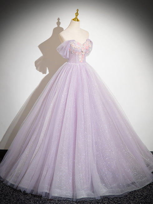 Lavender Tulle Sweetheart Off Shoulder Long Formal Dress, Lavender Prom Dress