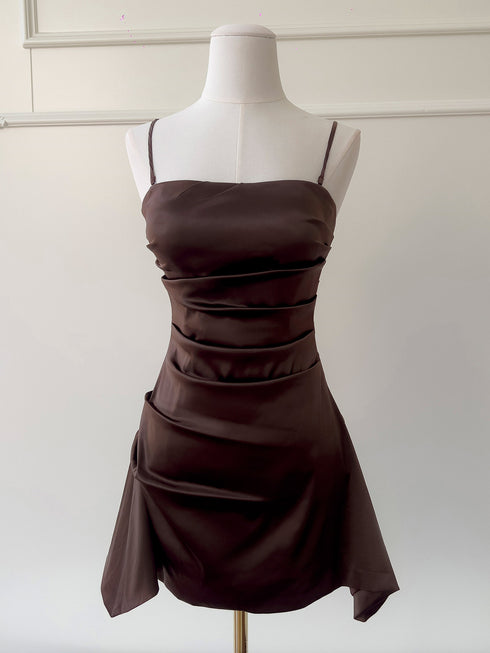 Dark Brown Satin Ruched Spaghetti Strap Mini Dress, Elegant Backless Bodycon Party Cocktail Dress