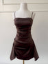 Dark Brown Satin Ruched Spaghetti Strap Mini Dress, Elegant Backless Bodycon Party Cocktail Dress