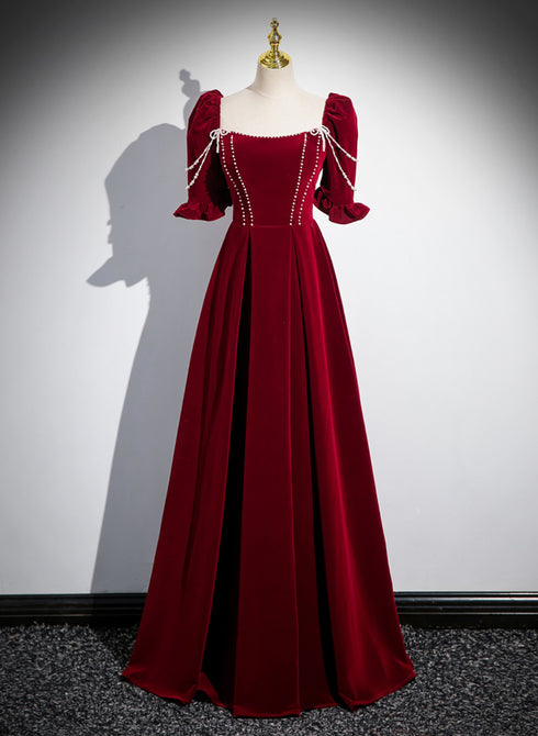 Wine Red Velvet Short Sleeves Long Prom Dress, Wine Red A-line Evening Dress